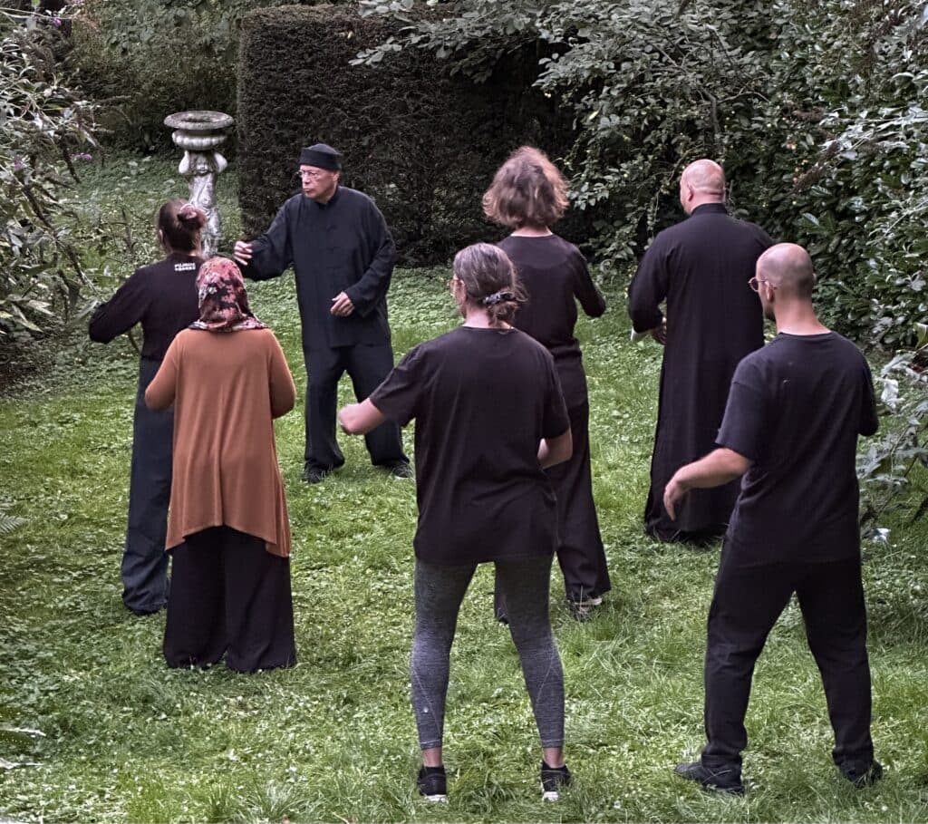 Een groep doet Tai Chi-oefeningen in de buitenlucht, onder begeleiding van een behandelaar